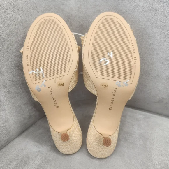 Gianni Bini Mules 8.5 Nude Beige Raffia Le Cadeau Kitten Heel Chunky Bow New$100 - Picture 15 of 16